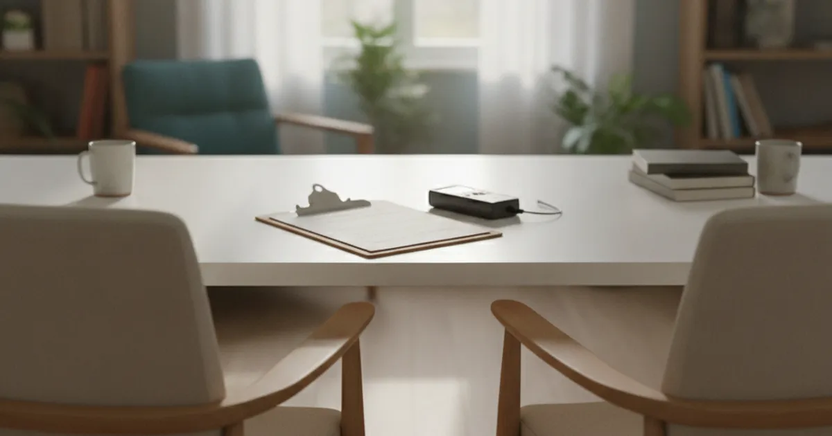 Deux chaises face a face avec grille d'entretien et enregistreur audio, entretien semi-directif
