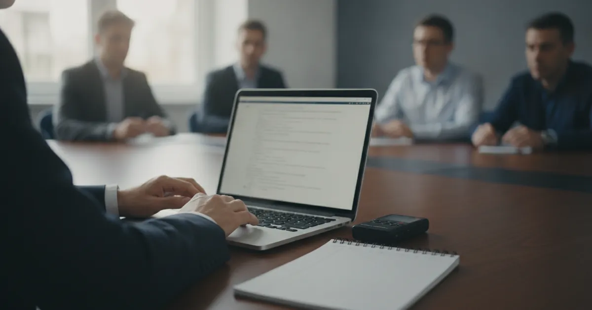Secrétaire de CSE vu de dos prenant des notes sur un ordinateur portable pendant une réunion, un petit appareil posé sur la table