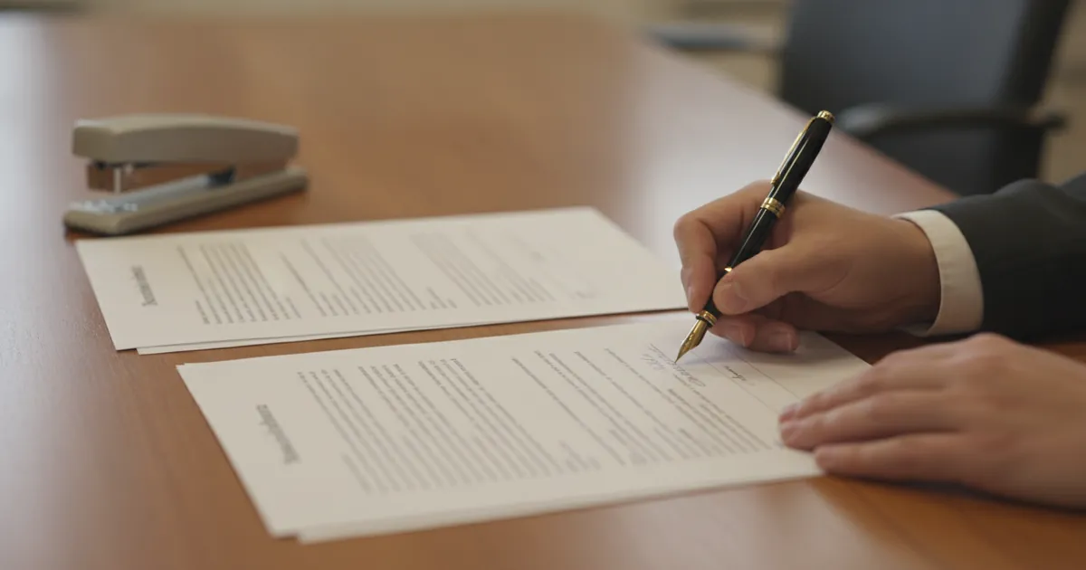 Main signant au stylo plume un procès-verbal imprimé de plusieurs pages posé sur une table de réunion, à côté d'un second exemplaire et d'une agrafeuse