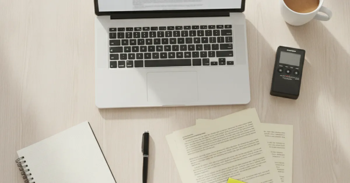 Bureau de chercheur avec enregistreur audio, pages de verbatim annotees et ordinateur portable