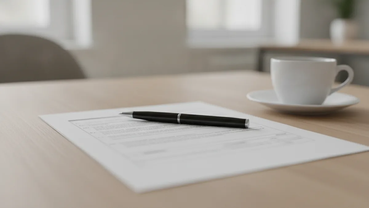 Ausgedrucktes Dokument mit unleserlichem Text, darauf ein Kugelschreiber, daneben eine Tasse Kaffee auf einem hellen Holztisch