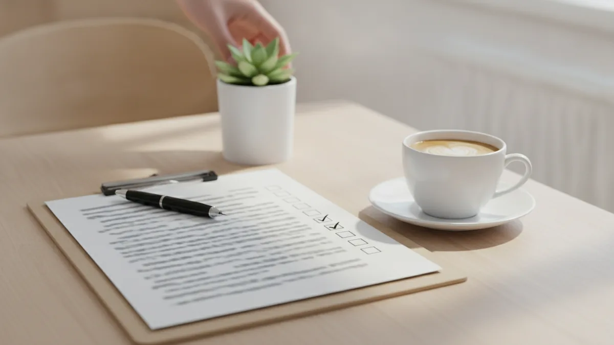 Klemmbrett mit ausgedrucktem Protokoll und teilweise abgehakter Aufgabenliste, daneben Kugelschreiber, Kaffeetasse und Zimmerpflanze auf einem hellen Holztisch