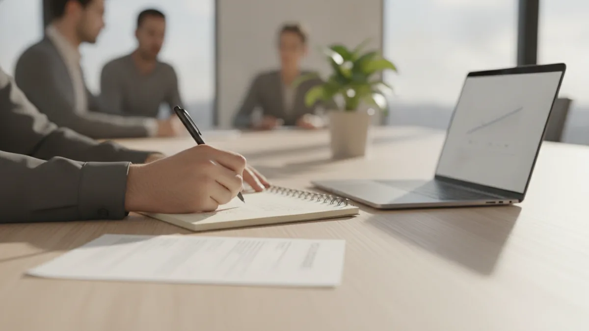 Hand schreibt mit Kugelschreiber Notizen in einen Spiralblock am Besprechungstisch, daneben ein Laptop und ein Blatt Papier, im unscharfen Hintergrund weitere Sitzungsteilnehmende