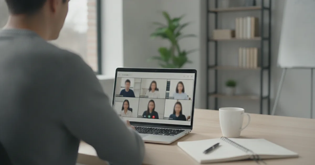 Person von hinten an einem Schreibtisch, auf dem Laptop läuft eine Videokonferenz mit sechs Teilnehmenden im Raster