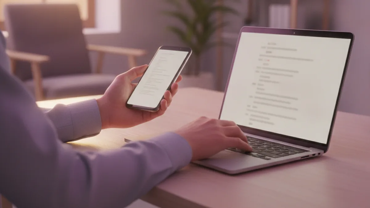 Person am Schreibtisch hält ein Smartphone und tippt gleichzeitig auf einem Laptop, um Text vom Handy in ein Dokument zu übertragen