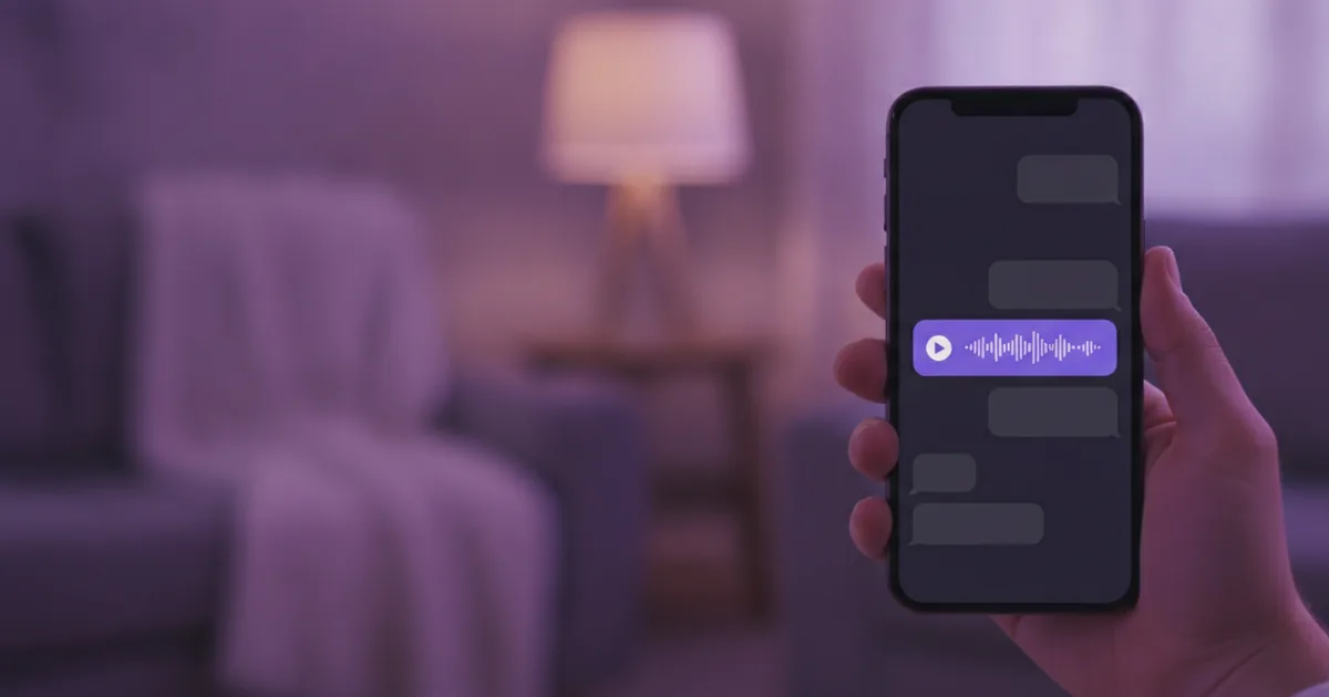 Hand hält ein Smartphone mit einem Chatverlauf, in dem eine Sprachnachricht als Audio-Wellenform angezeigt wird