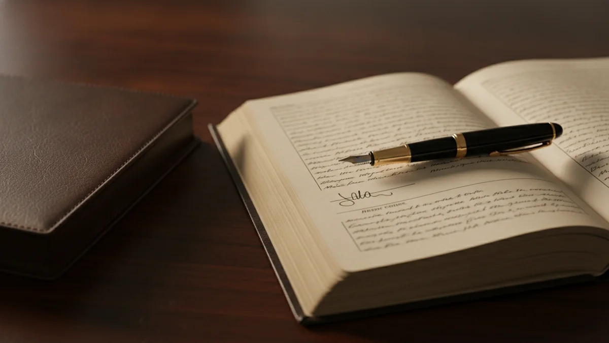 An open bound minute book with handwritten lines and a signature, a fountain pen resting on the page and a closed leather folder on a wooden desk