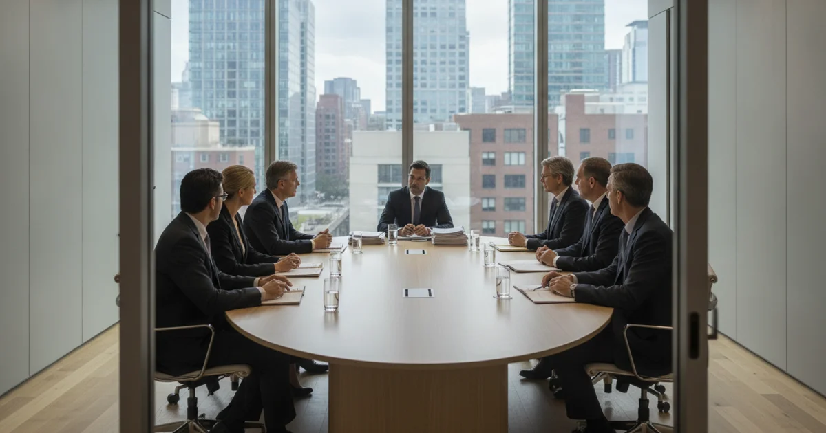A board of seven directors in business attire seated around an oval table in a boardroom with a city view, seen from a distance through an open doorway