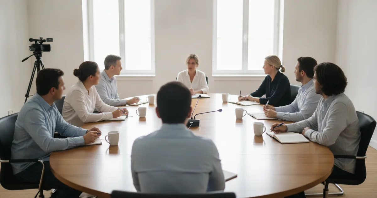 Eight adults seated around a round table in a bright meeting room, with a table microphone in the center and a video camera on a tripod in the corner