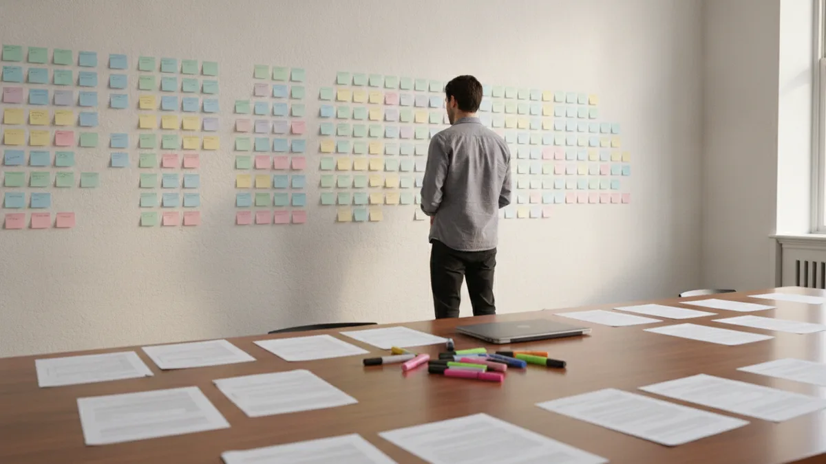 Researcher seen from behind facing a wall of colored sticky notes grouped into clusters, with printed transcript pages and highlighters spread on a table