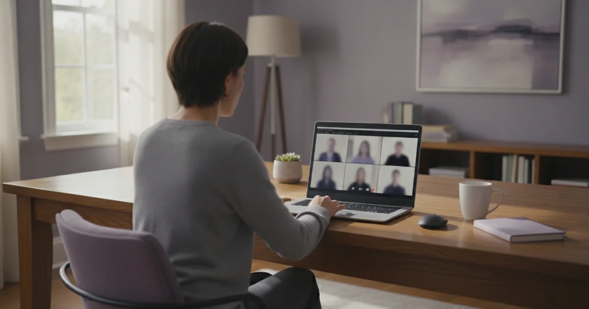 Person seen from behind on a laptop video call with a grid of six blurred participants, in a home office
