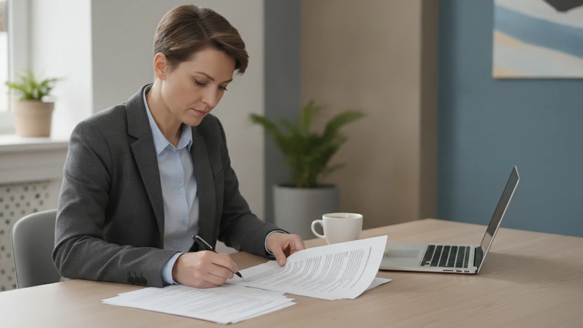 Professional at a desk annotating printed pages with a pen, an open laptop and a cup of coffee beside them