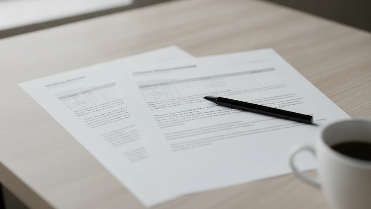 Two printed pages with a table and paragraphs of blurred, illegible text on a light wooden desk, with a black pen and a cup of coffee