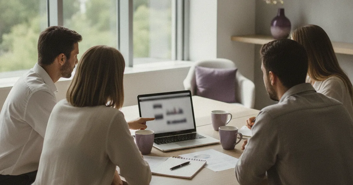 Four colleagues around a table with a laptop, mugs and a notepad