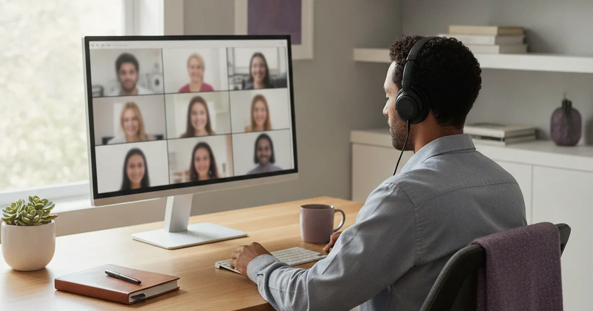 Person wearing headphones at a home-office desk, seen from behind, on a video call with a grid of participants on a large monitor