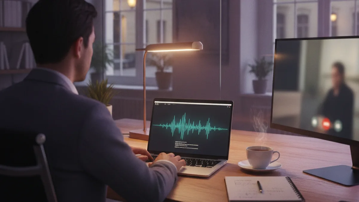 Person seen from behind at an office desk in the evening, with a laptop showing an audio waveform and a second screen showing a blurred video call