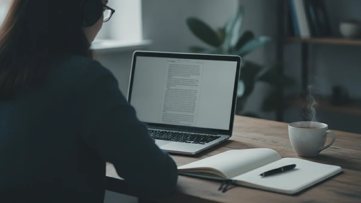 Researcher wearing headphones reviewing a transcript on a laptop, with an open notebook, a pen and a cup of tea on the desk