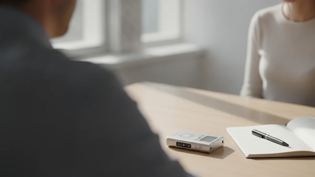 Interview seen from behind the interviewer, with a small handheld digital voice recorder and an open notepad on the table between the two people