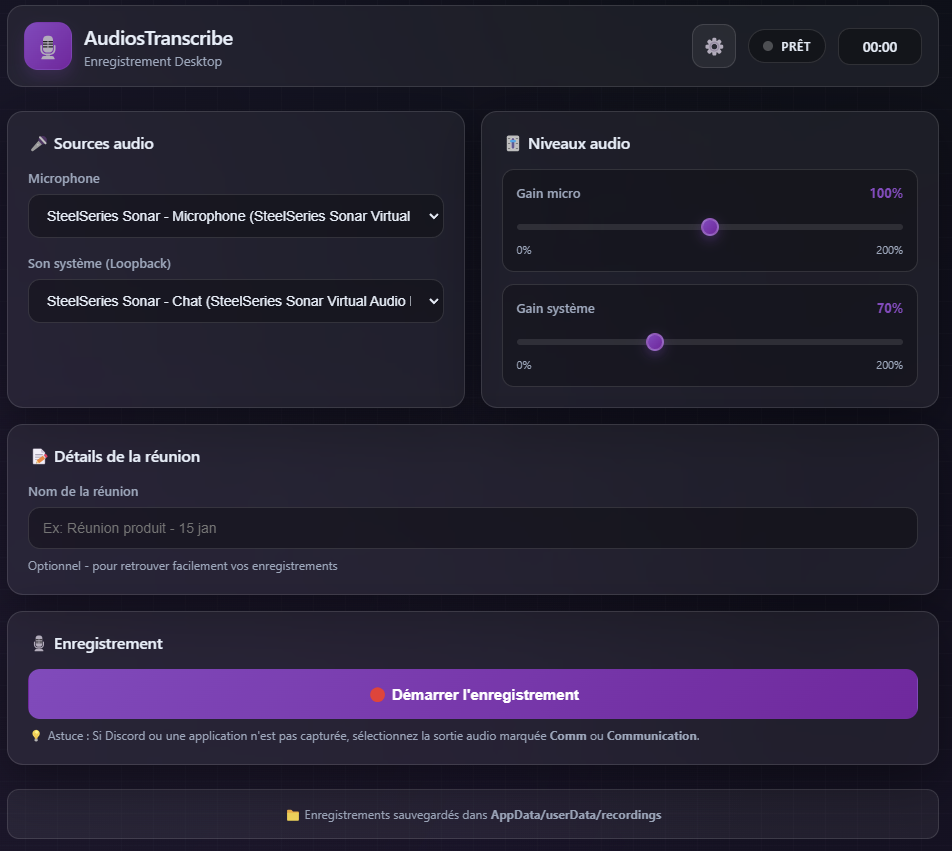 Interface de l'application desktop AudiosTranscribe sur Windows : sélection des sources audio (microphone et son système), niveaux de gain, nom de réunion et bouton Démarrer l'enregistrement.