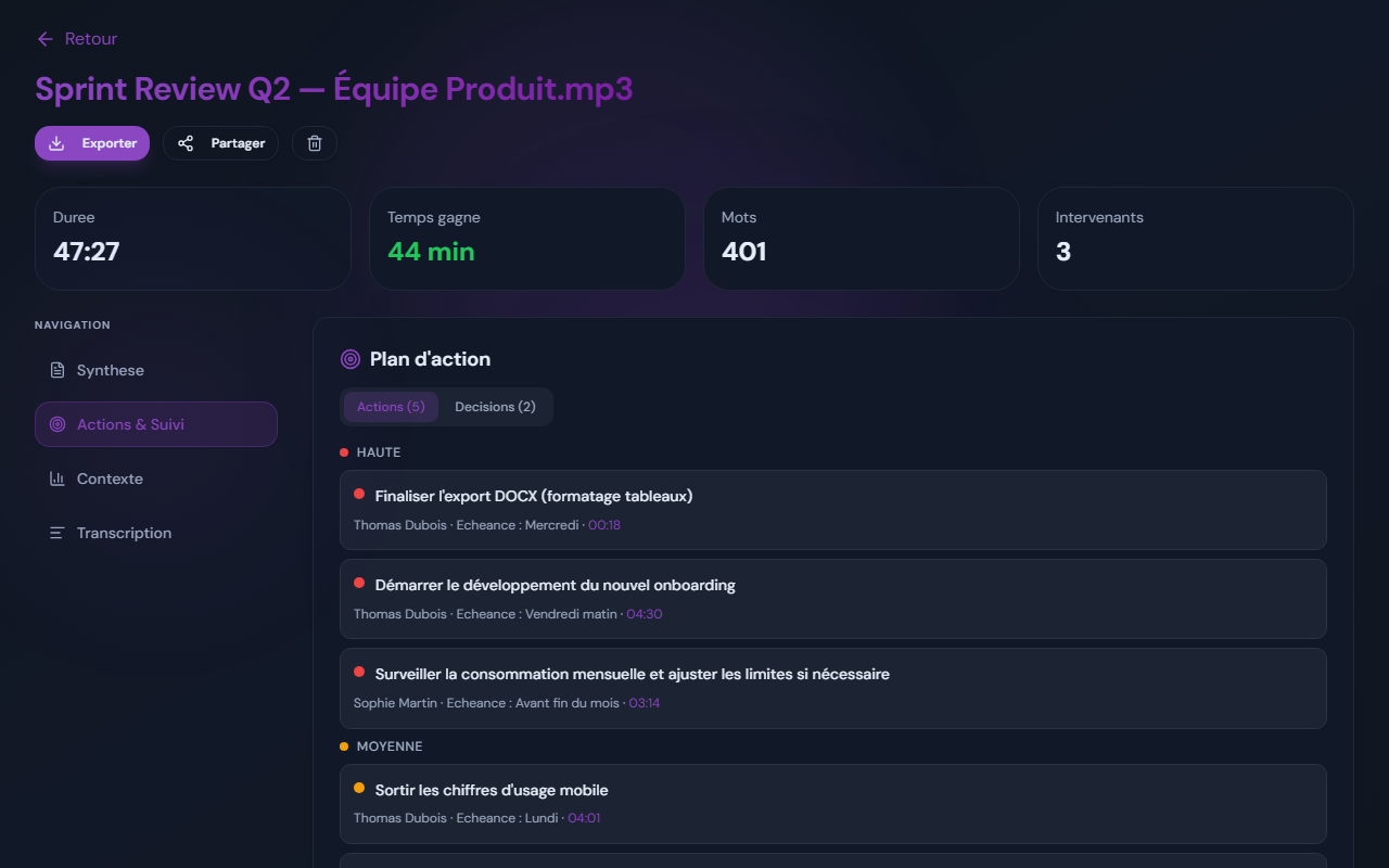 AudiosTranscribe - Actions et décisions extraites d'une réunion Teams