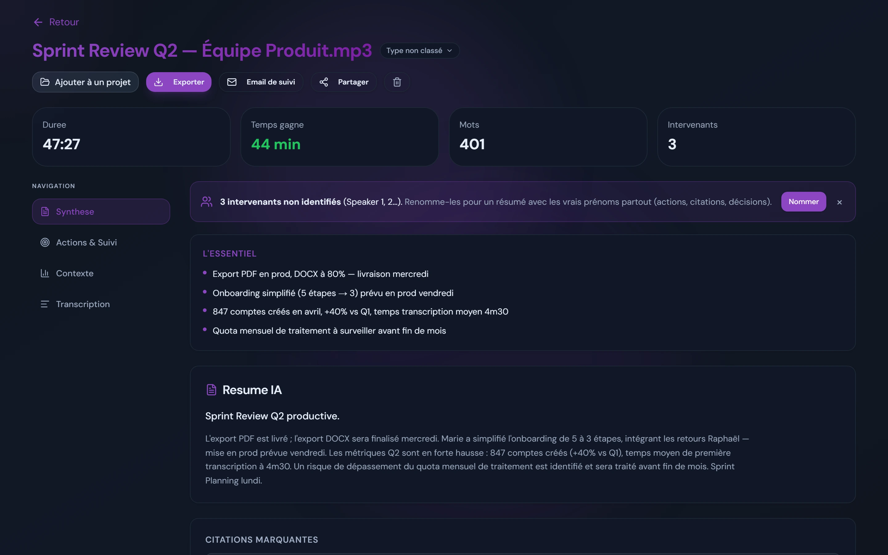 Capture d'écran AudiosTranscribe : transcription et synthèse structurée d'un enregistrement