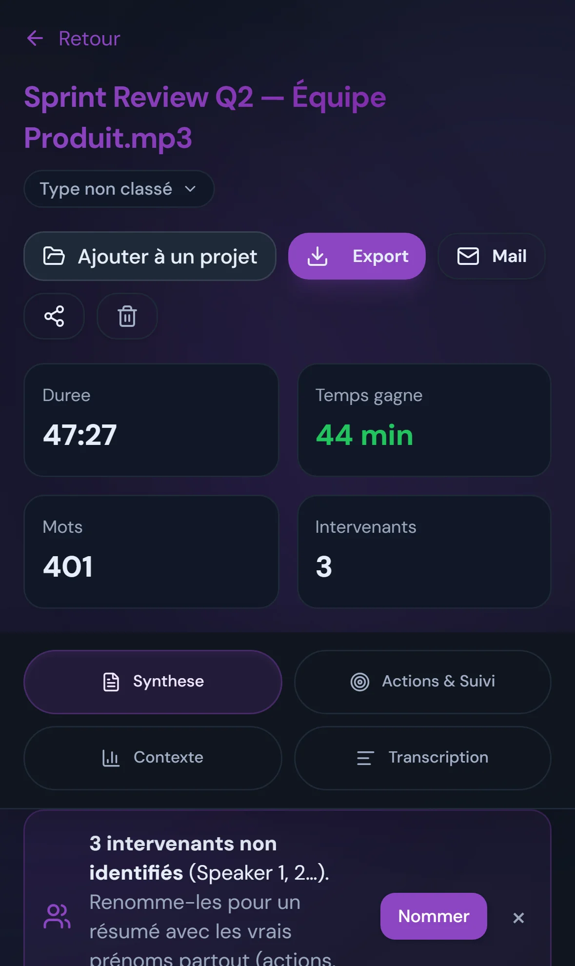 Compte rendu de réunion consultable sur smartphone : synthèse, actions et transcription accessibles en mobilité