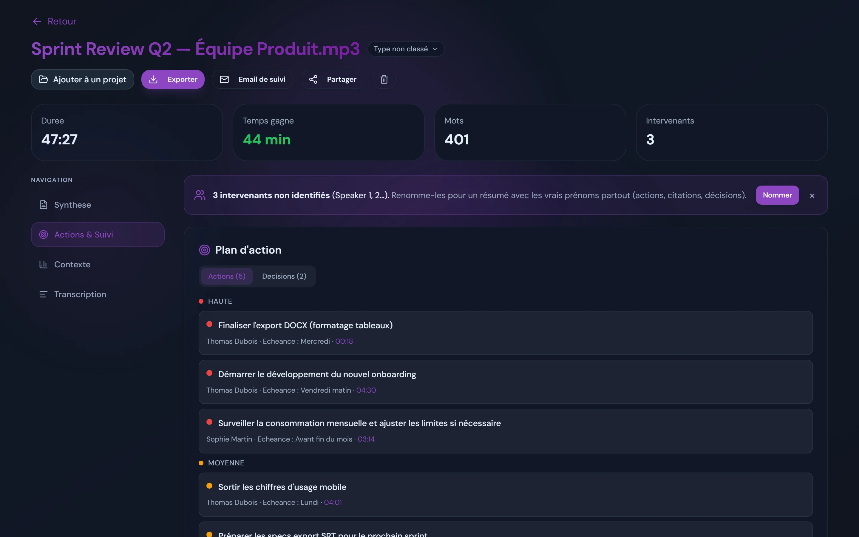 Action plan automatically extracted from a Microsoft Teams meeting, with actions and decisions ranked by priority and assigned to participants with deadlines